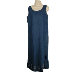 Jane Ashley Denim Maxi Jumper Dress Women Size S Blue Side Slits Embroidered Hem